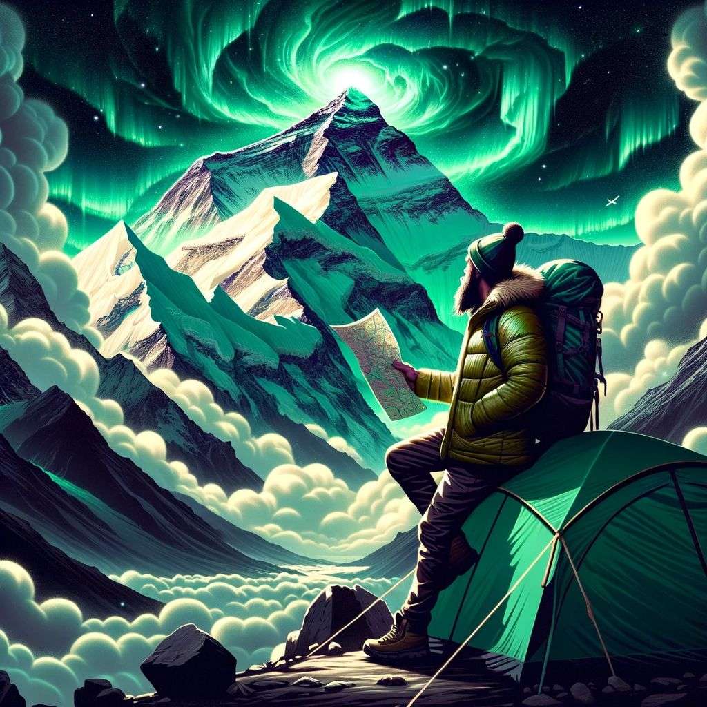 someone gazing at Mount Everest, digital art, glowing